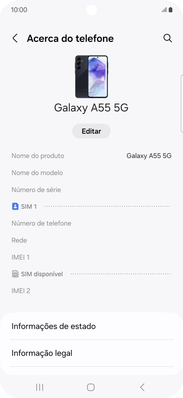 O código IMEI é mostrado no ecrã.