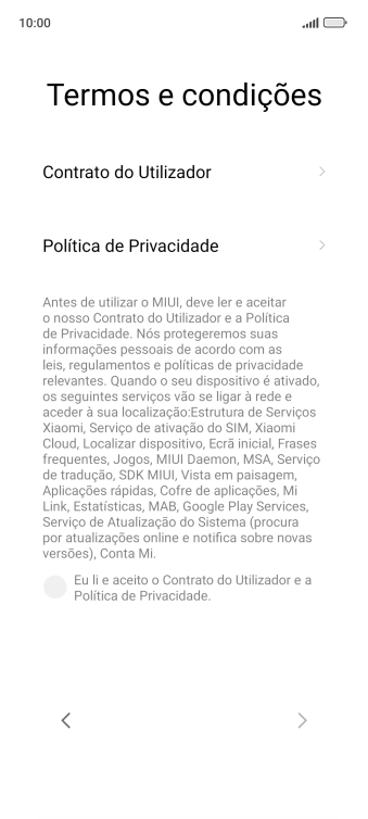 Prima o campo para aceitar os termos e condições.