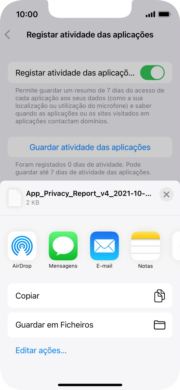 Prima a definição pretendida e siga as indicações no ecrã para partilhar ou guardar o relatório de atividade das aplicações.
