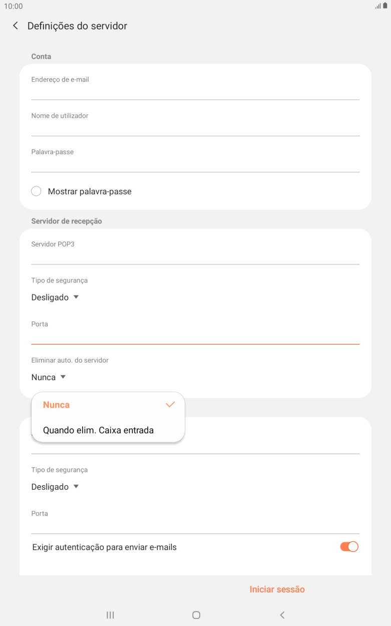 Prima Nunca para manter os e-mails no servidor quando estes são apagados no tablet.