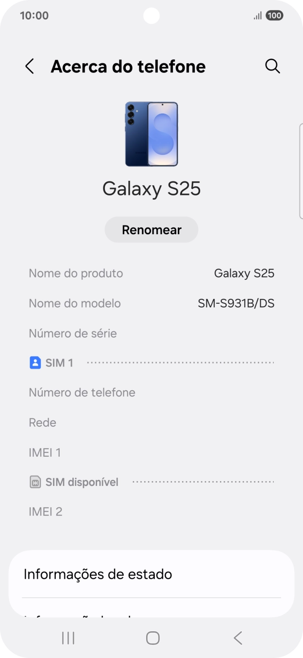 O código IMEI é mostrado no ecrã.