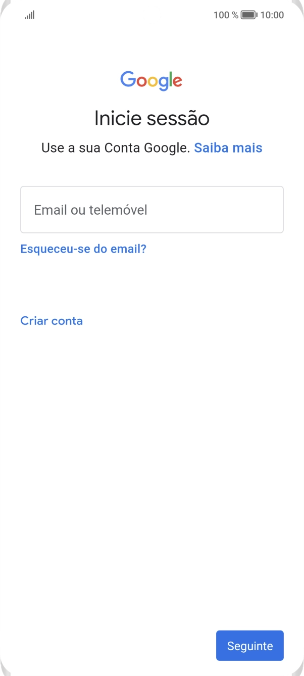 Se não tiver uma conta Google, prima Criar conta e siga as indicações no ecrã para criar uma conta.