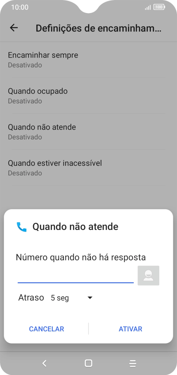 Se desviar as chamadas não atendidas escolha o tempo de atraso para desvio. Prima a lista suspensa junto a 