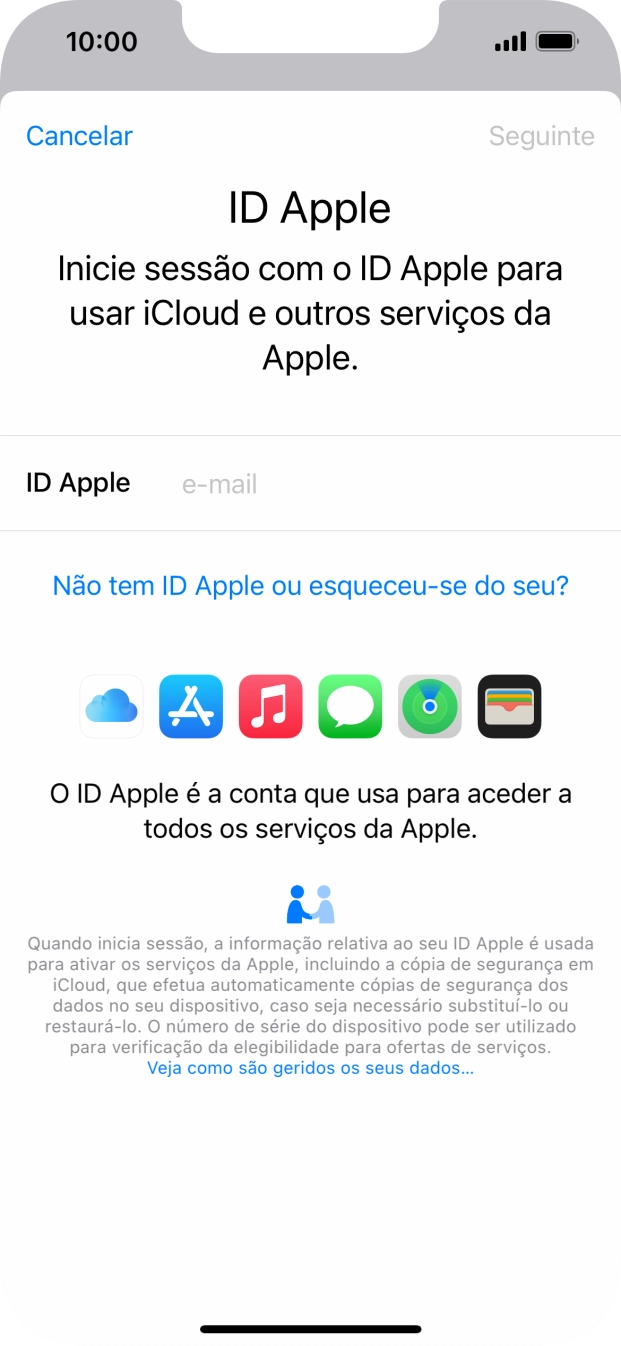 Se não tiver um ID Apple, prima Não tem ID Apple ou esqueceu-se do seu? e siga as indicações no ecrã para criar um ID Apple.