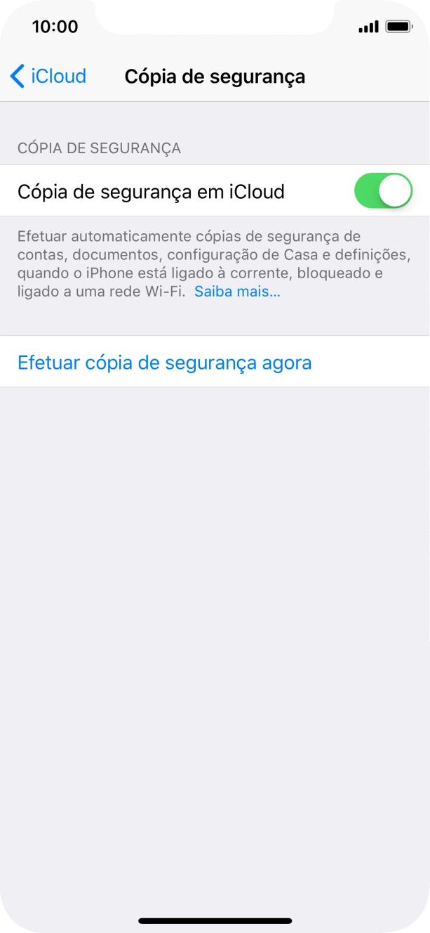 Prima Efetuar cópia de segurança agora e aguarde enquanto é efetuada a cópia de segurança do conteúdo da memória do telefone.