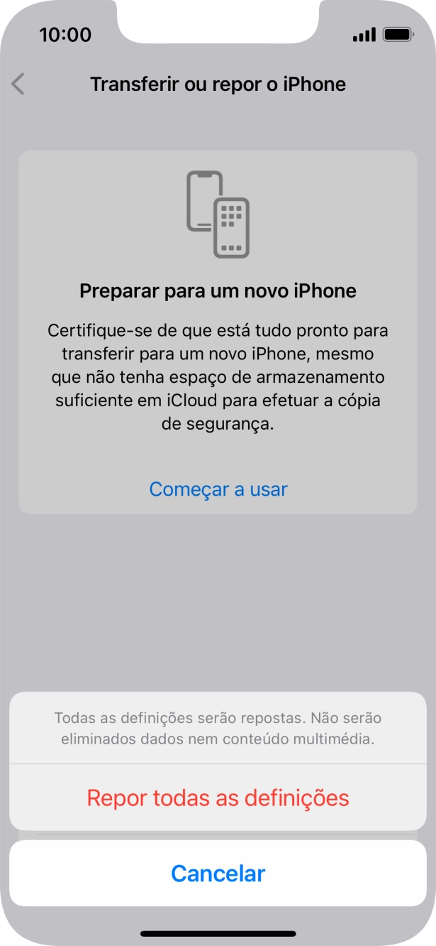 Prima Repor todas as definições. Aguarde um momento enquanto o telefone restabelece as definições originais. Siga as indicações no ecrã para configurar o telefone de modo que este fique pronto a ser utilizado.