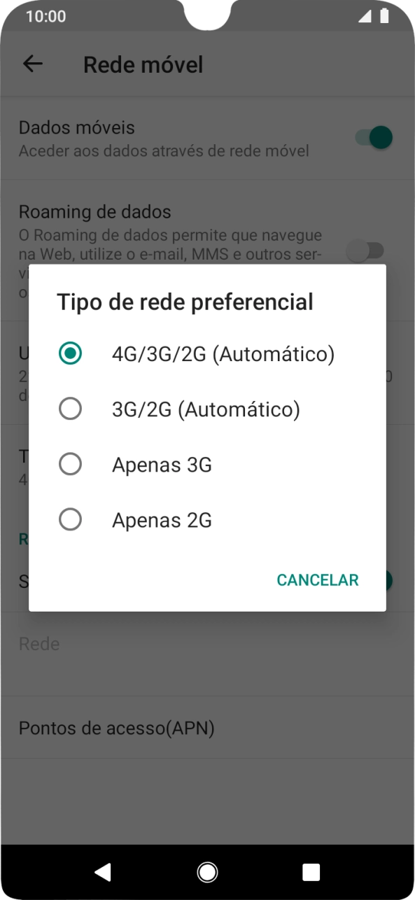 Prima o tipo de rede pretendido.