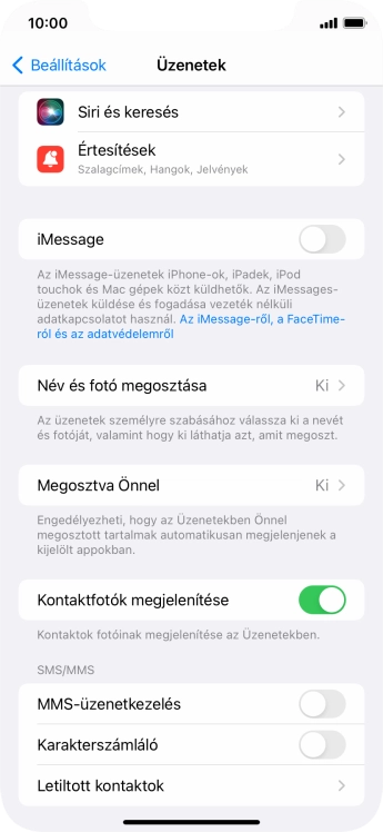 Kattints az „iMessage” melletti csúszkára a funkció bekapcsolásához.
