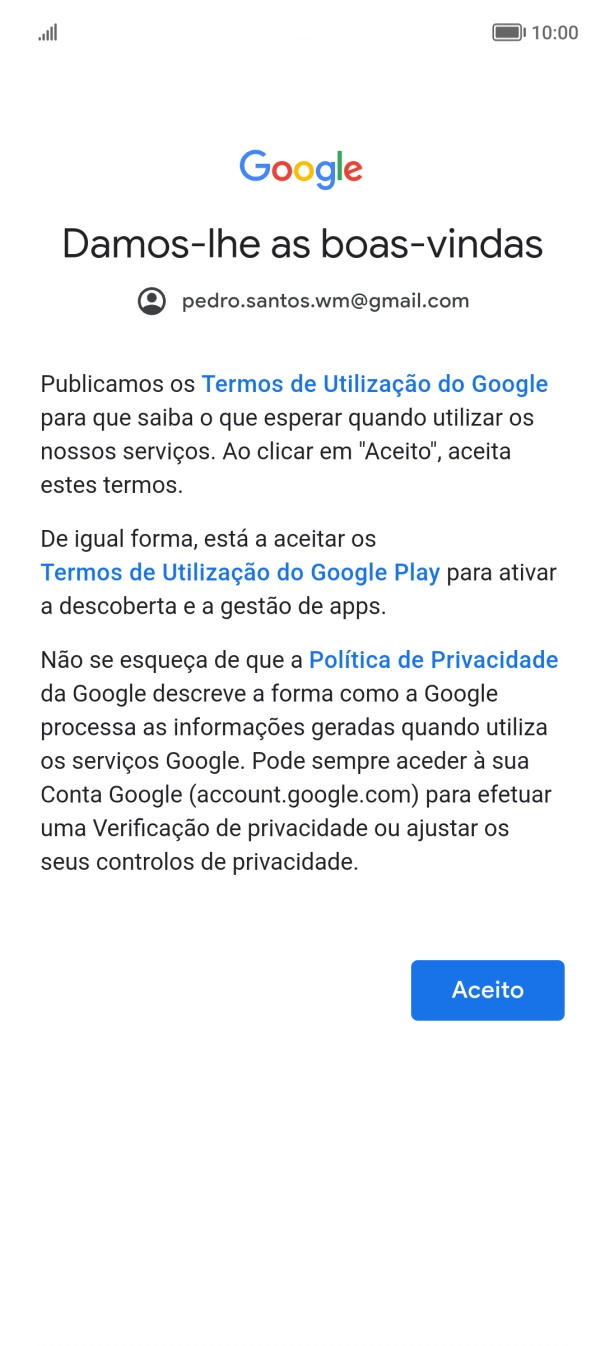 Prima Aceito e siga as indicações no ecrã para escolher as definições da conta Google.