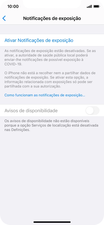 Prima Ativar Notificações de exposição.
