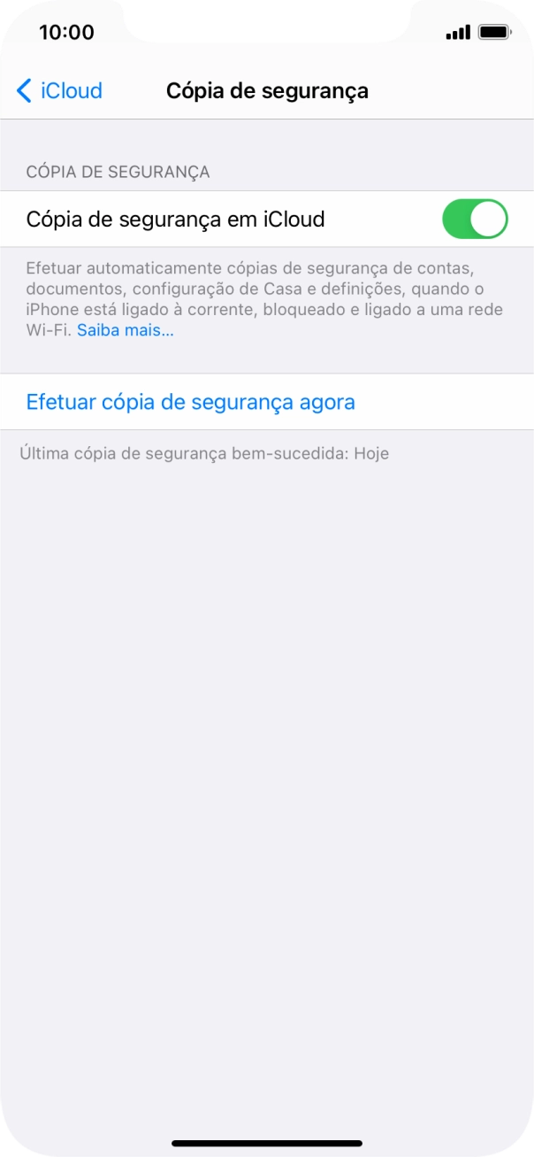 Prima Efetuar cópia de segurança agora e aguarde enquanto é efetuada a cópia de segurança do conteúdo da memória do telefone.