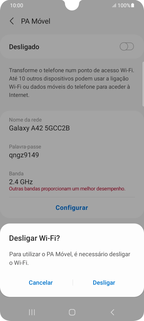 Se o Wi-Fi estiver ativado, prima Desligar.