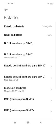 O código IMEI é mostrado no ecrã.