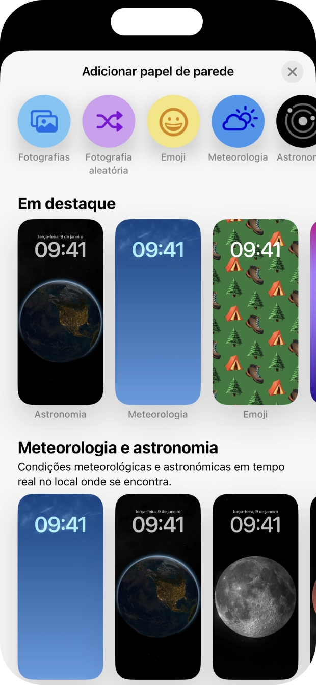 Prima a categoria pretendida e siga as indicações no ecrã para escolher a imagem de fundo pretendida.