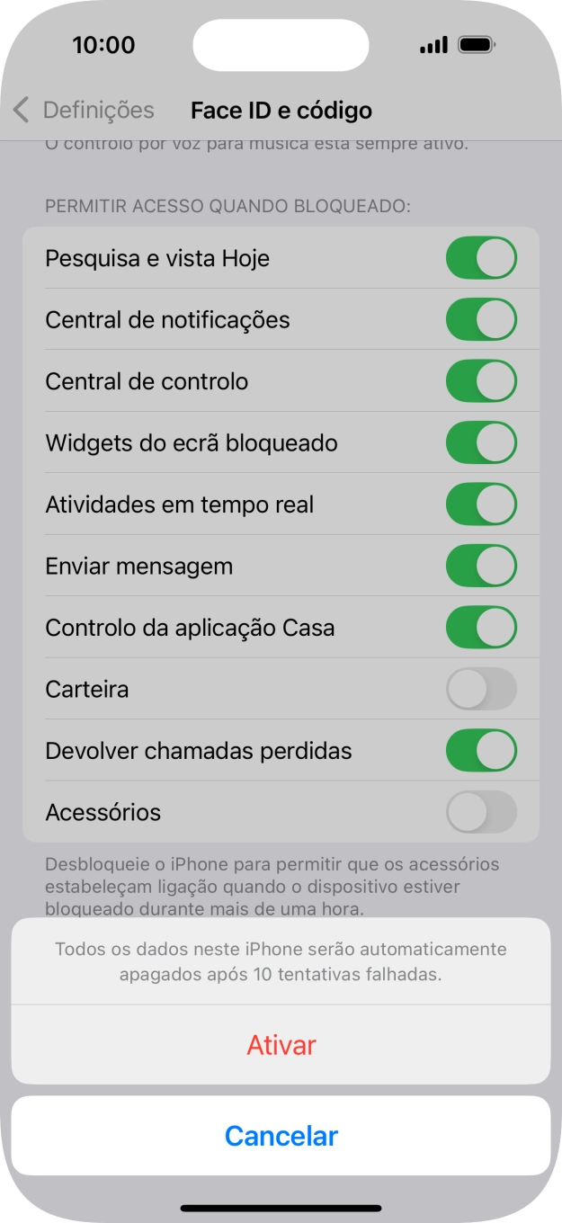 Se ativar a função, prima Ativar.
