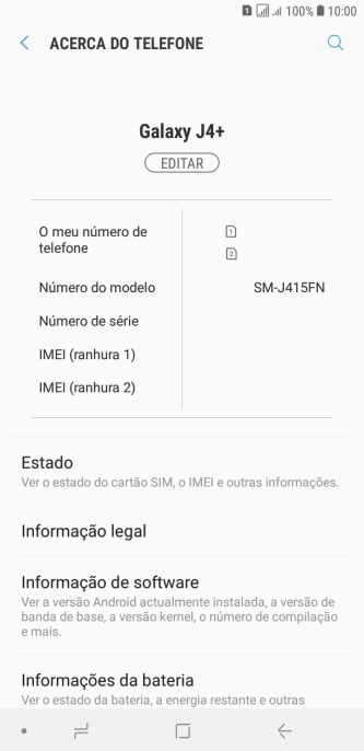 O código IMEI é mostrado no ecrã.