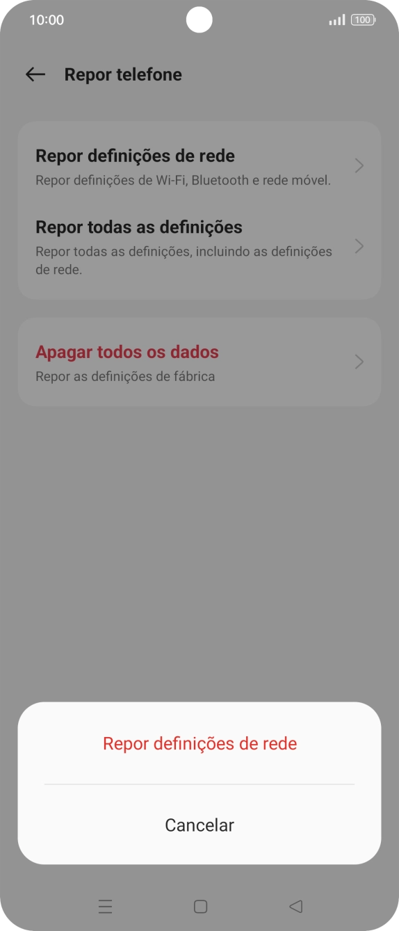 Prima Repor definições de rede.