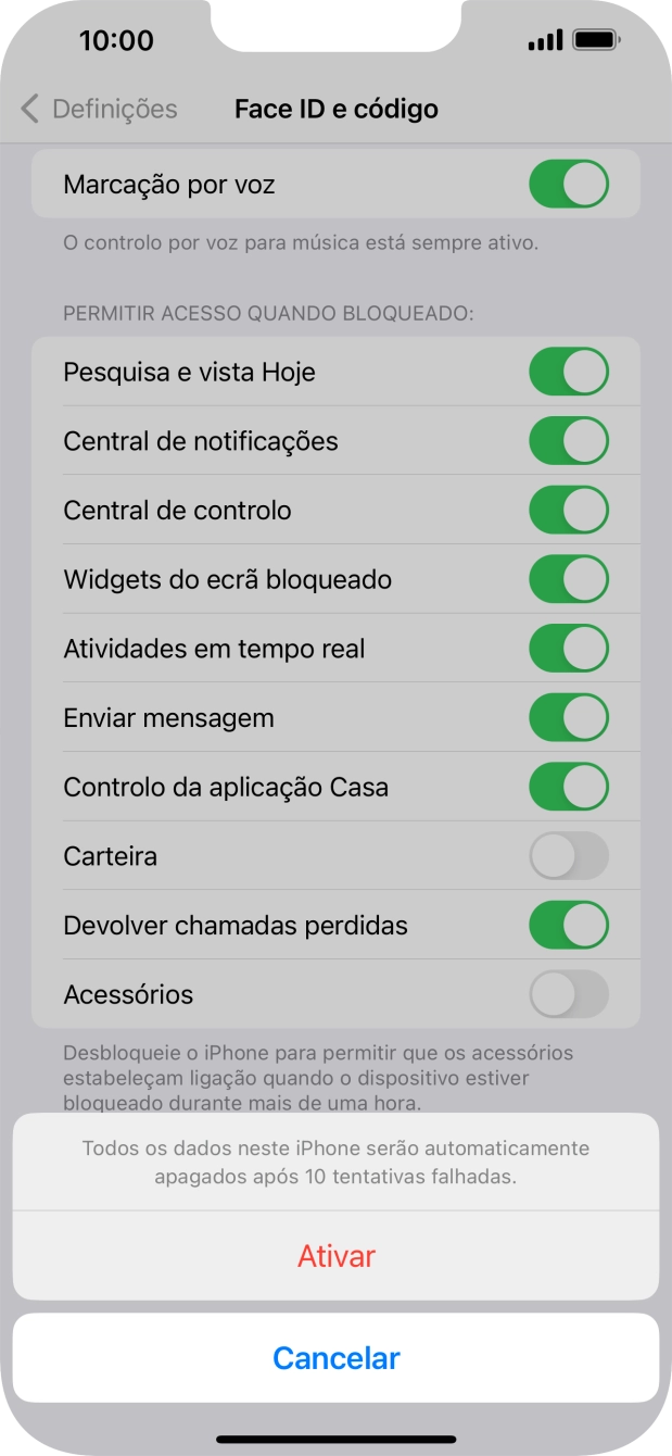 Se ativar a função, prima Ativar.