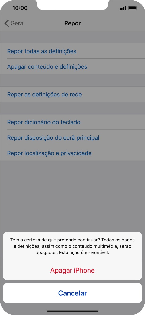 Prima Apagar iPhone. Aguarde um momento enquanto o telefone restabelece as definições originais. Siga as indicações no ecrã para configurar o telefone de modo que este fique pronto a ser utilizado.