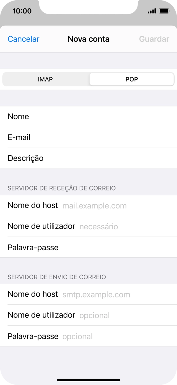 Prima Nome do host e introduza o nome do servidor de receção do fornecedor de e-mail.