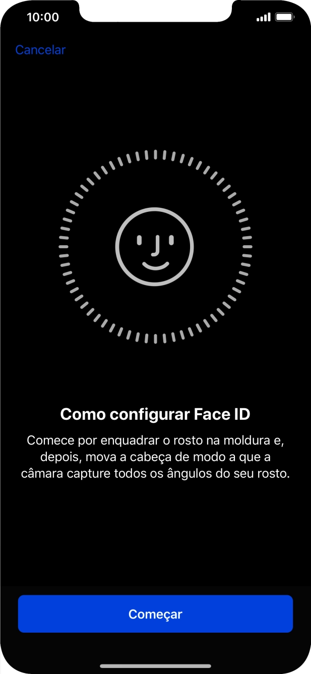 Prima Começar e siga as indicações no ecrã para estabelecer um código de reconhecimento facial (Face ID).