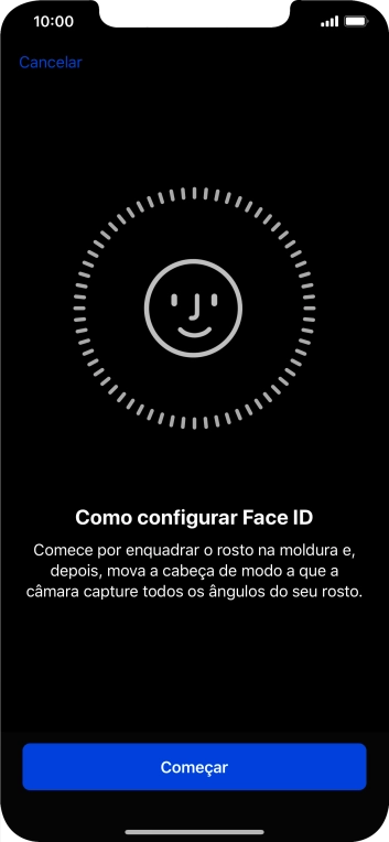 Prima Começar e siga as indicações no ecrã para estabelecer um código de reconhecimento facial (Face ID).