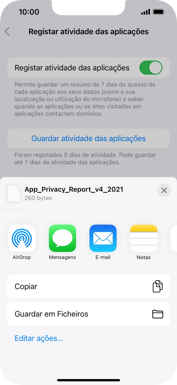 Prima a definição pretendida e siga as indicações no ecrã para partilhar ou guardar o relatório de atividade das aplicações.