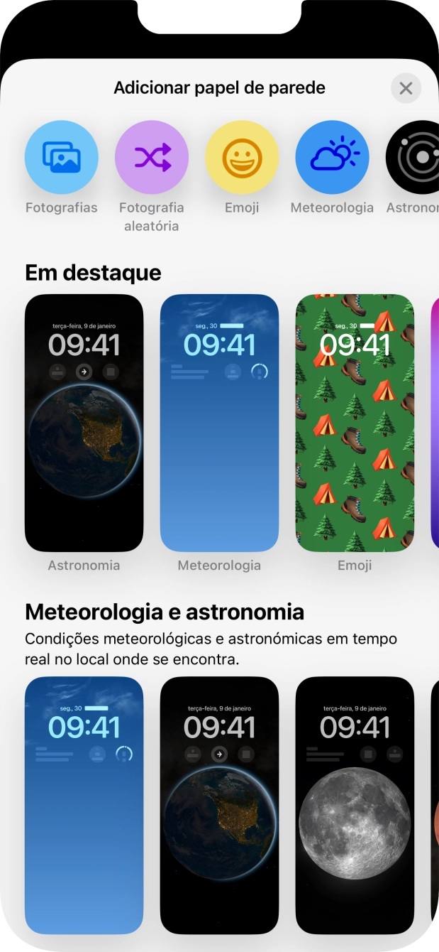 Prima a categoria pretendida e siga as indicações no ecrã para escolher a imagem de fundo pretendida.
