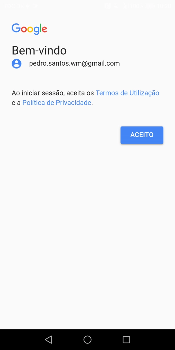 Prima ACEITO e siga as indicações no ecrã para escolher as definições da conta Google.