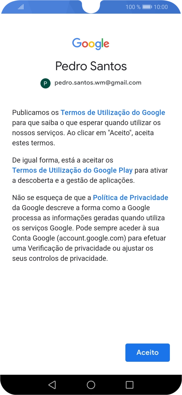 Prima Aceito e siga as indicações no ecrã para escolher as definições da conta Google.