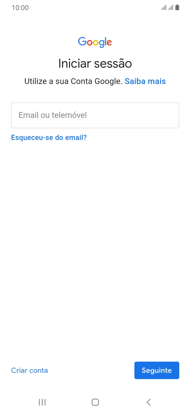 Se não tiver uma conta Google, prima Criar conta e siga as indicações no ecrã para criar uma conta.