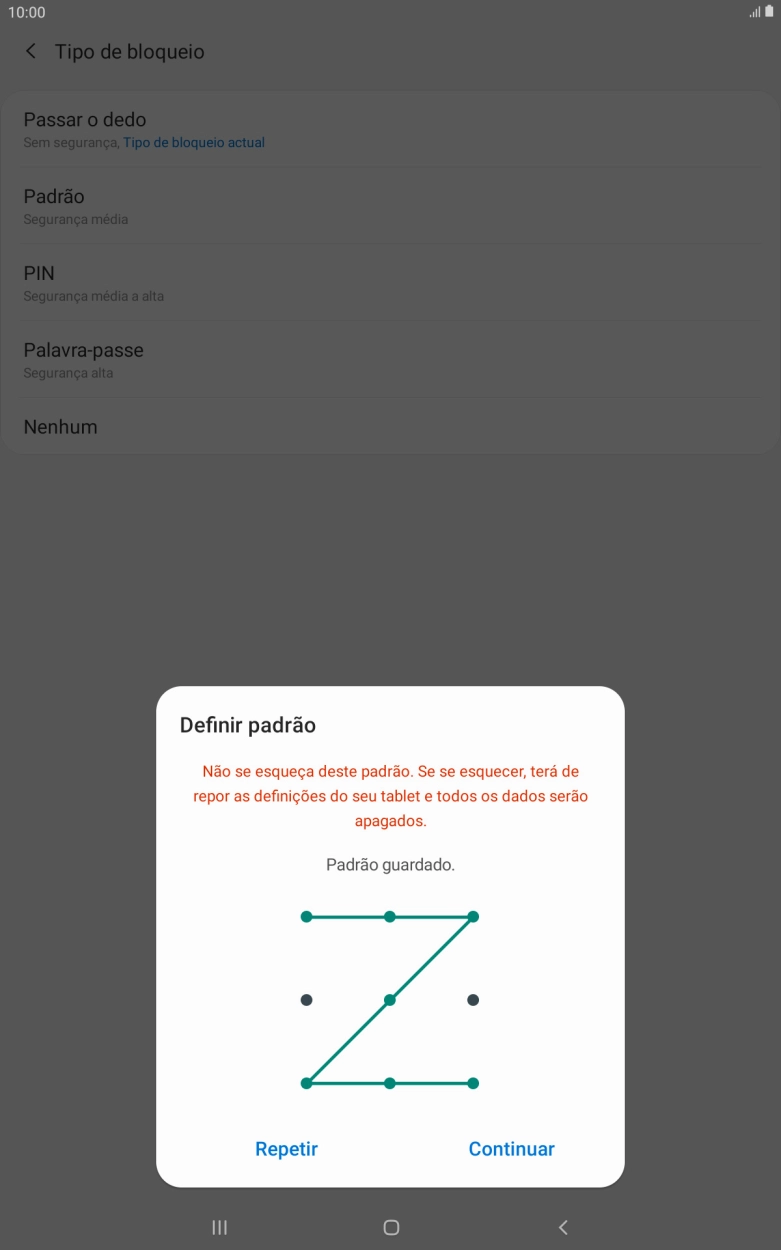 Deslize o dedo no ecrã ligando pelo menos quatro pontos e prima Continuar.