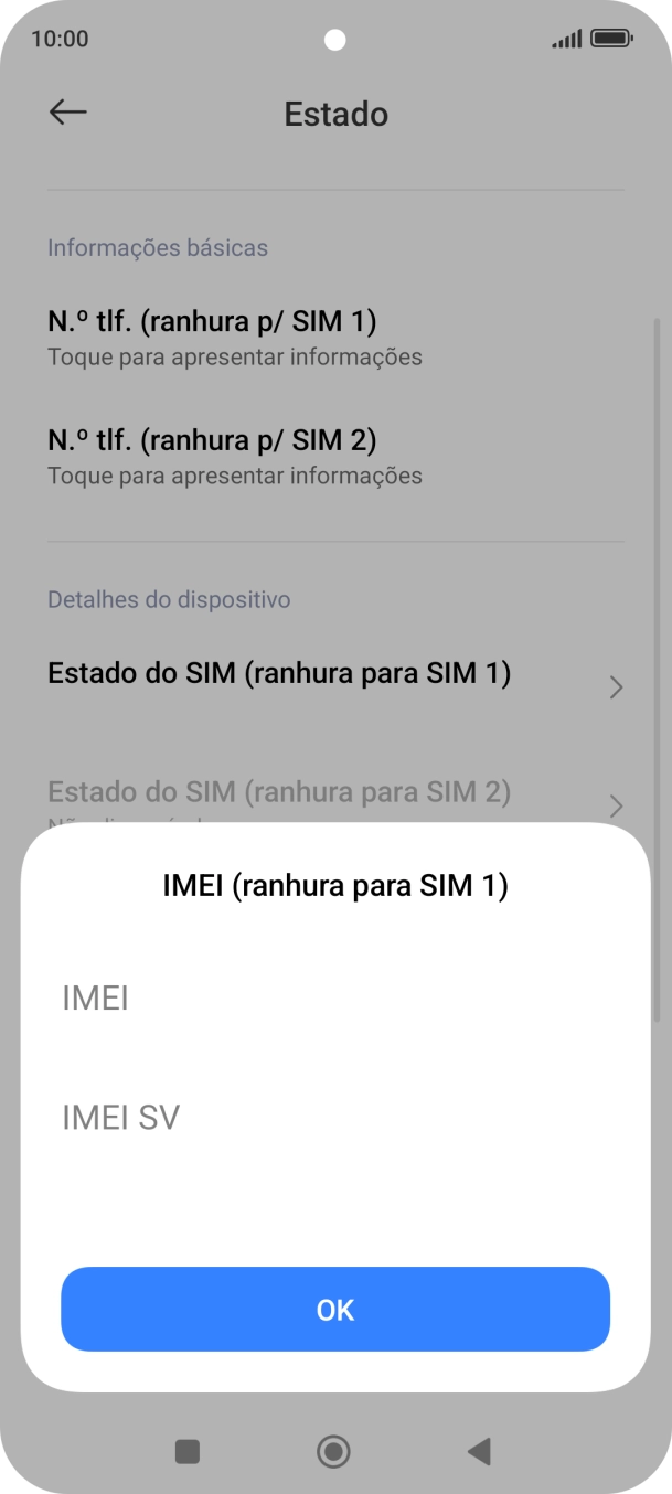 O código IMEI é mostrado no ecrã.