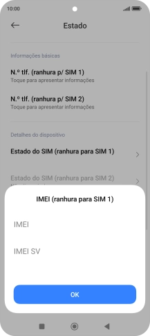 O código IMEI é mostrado no ecrã.