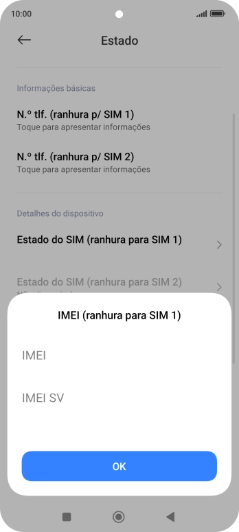 O código IMEI é mostrado no ecrã.