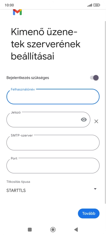 Kattints a „Jelszó” alatti mezőre, és írd be az e-mail szolgáltatód kimenő szerverének jelszavát.