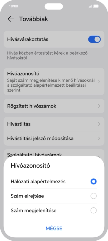 Válaszd a Szám megjelenítése lehetőséget a hívószámküldés bekapcsolásához.
