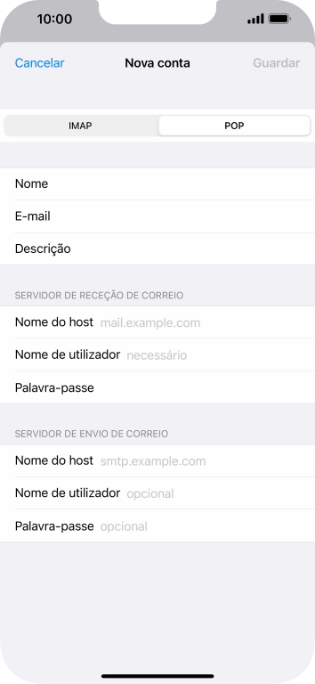 Prima Nome do host e introduza o nome do servidor de receção do fornecedor de e-mail.