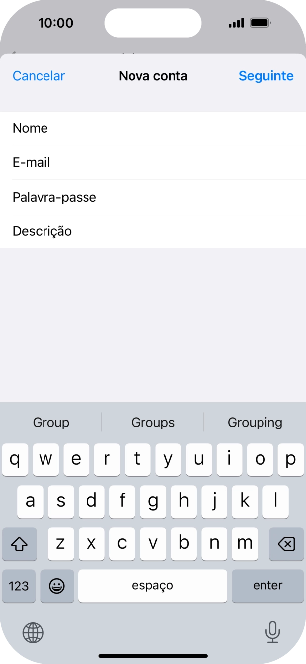 Prima Descrição e introduza o nome pretendido da conta de e-mail.
