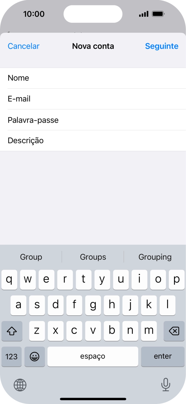 Prima Descrição e introduza o nome pretendido da conta de e-mail.