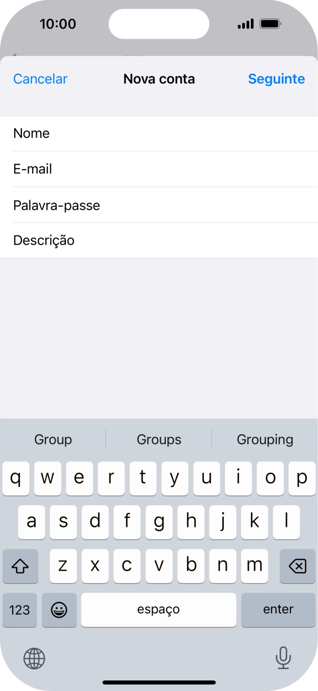 Prima Descrição e introduza o nome pretendido da conta de e-mail.