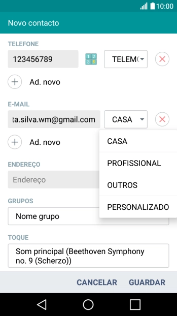 Prima o tipo de e-mail pretendido.