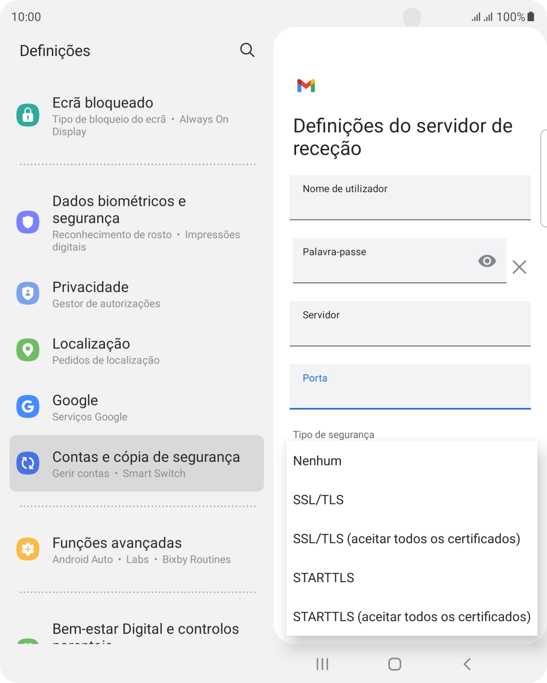 Prima SSL/TLS para ativar a função.