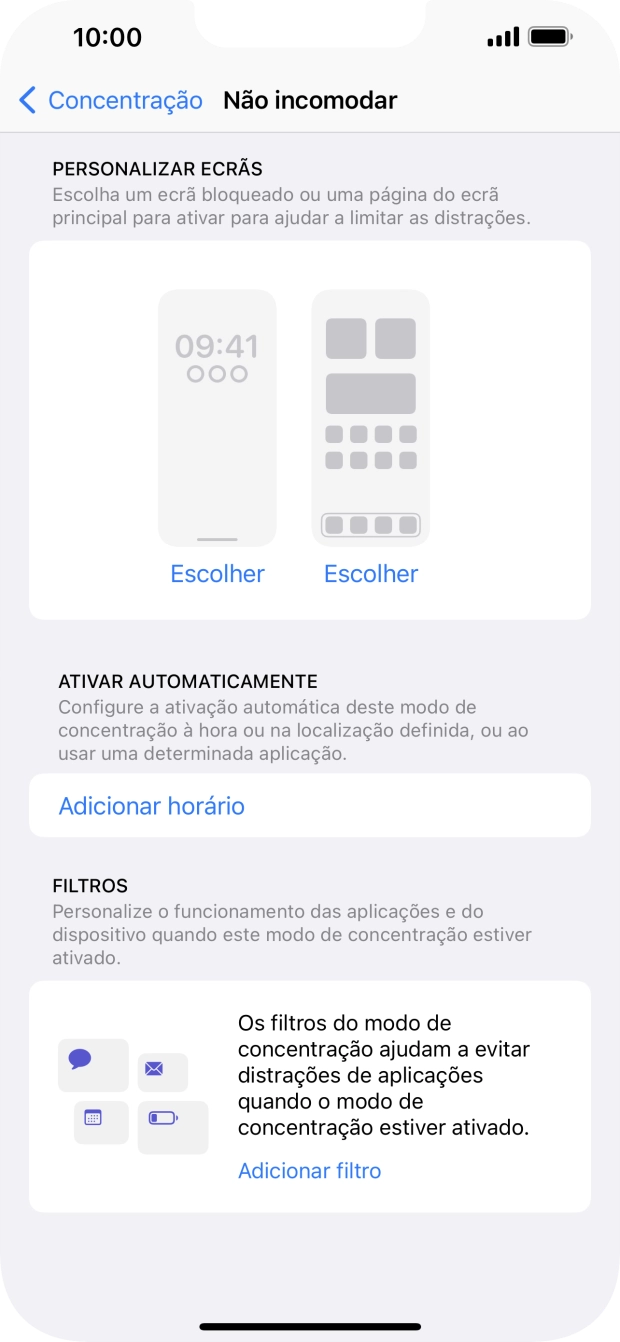Prima Adicionar horário e siga as indicações no ecrã para escolher as definições para ativação automática da função 