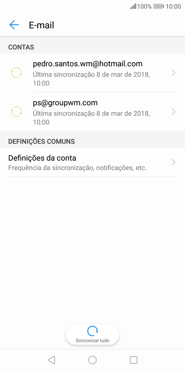 Prima Definições da conta.