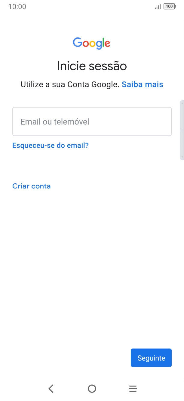 Se não tiver uma conta Google, prima Criar conta e siga as indicações no ecrã para criar uma conta.
