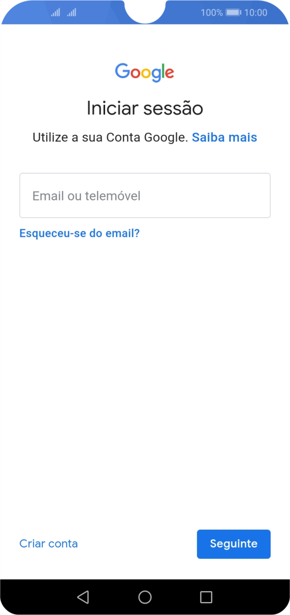 Se não tiver uma conta Google, prima Criar conta e siga as indicações no ecrã para criar uma conta.