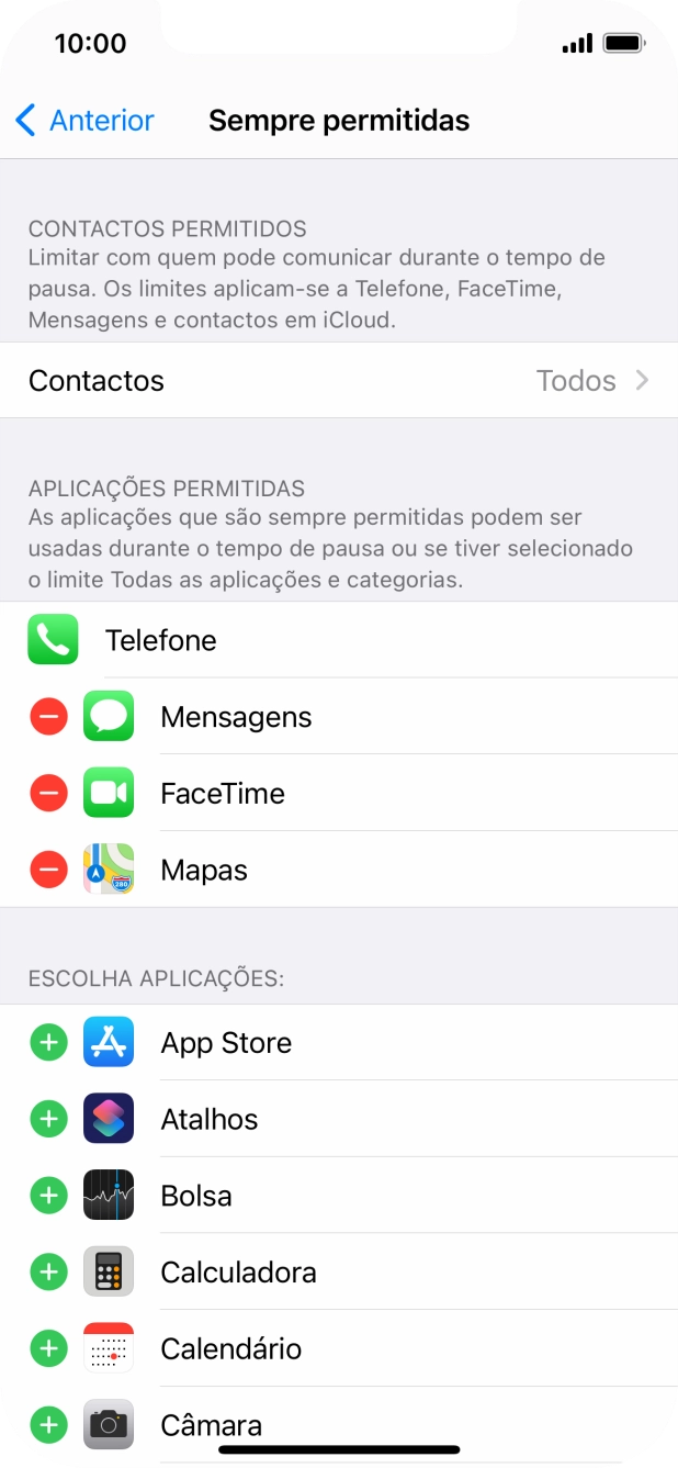 Prima o ícone para adicionar junto da app pretendida para a adicionar à lista de apps permitidas durante o Tempo de pausa.
