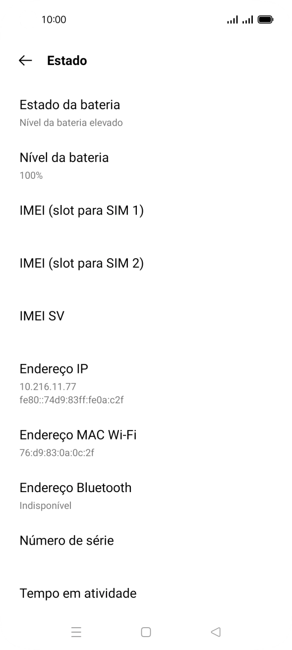 O código IMEI é mostrado no ecrã.