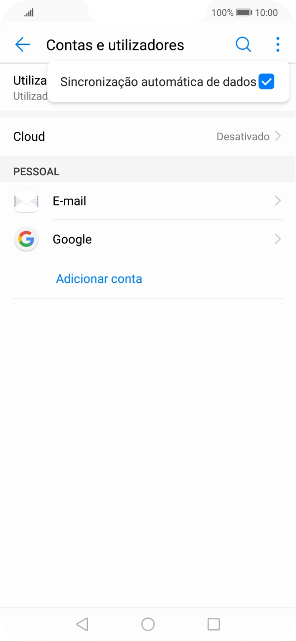 Prima Sincronização automática de dados para ativar ou desativar a função.